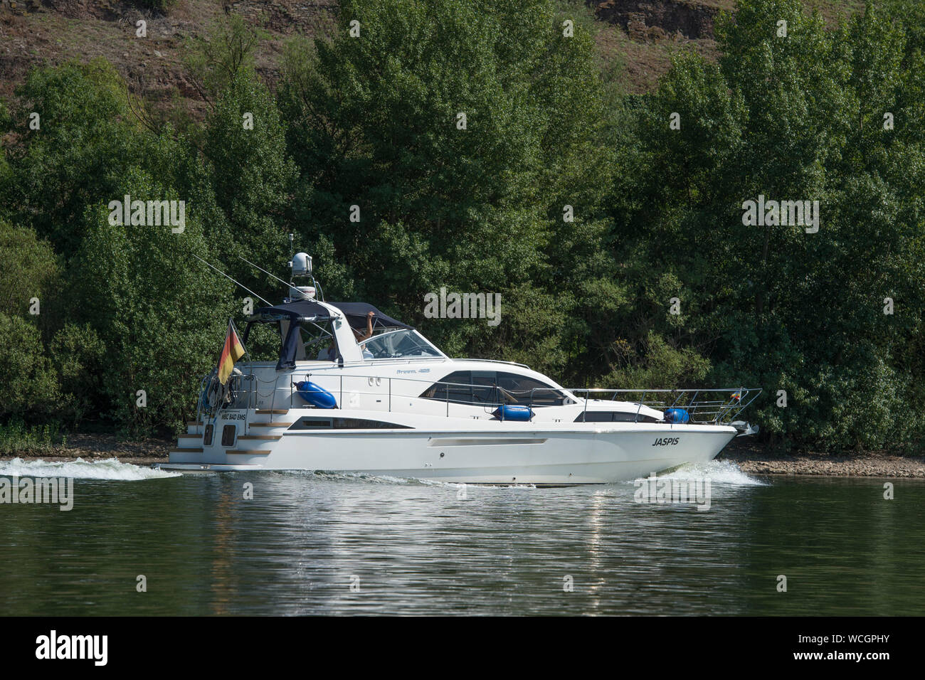 motor launch on River Mosel, germany Stock Photo