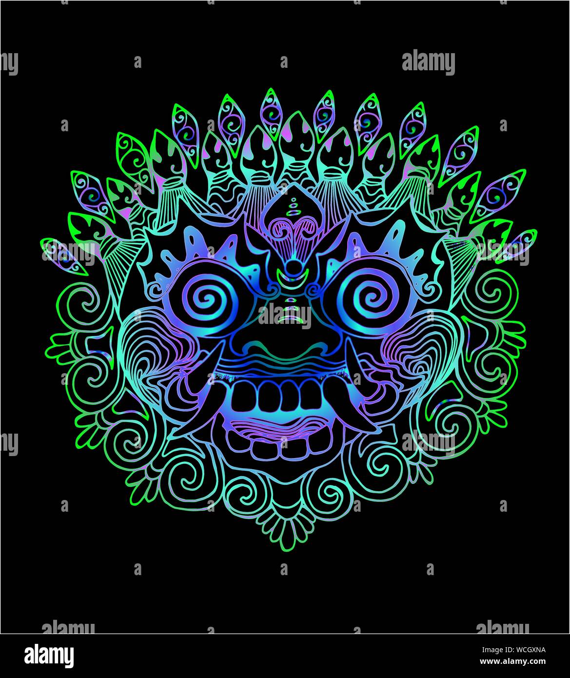 Neon iilustration of a Thai mask. Color drawing of the eastern deity Stock Vector