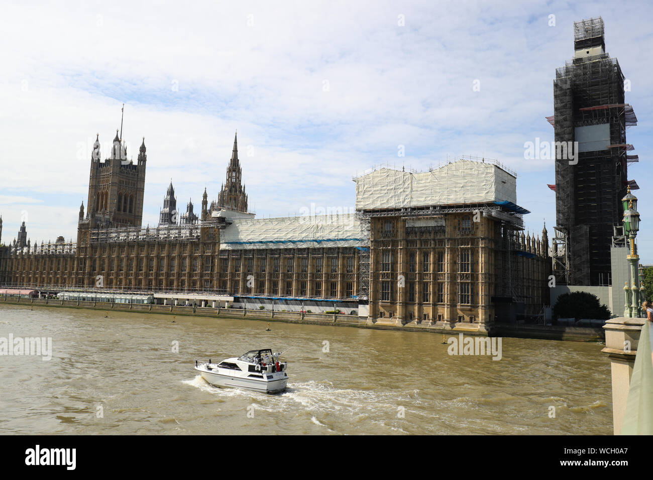 View of the Houses of Parliament, Prime Minister Boris Johnson is seeking a suspension of Parliament ahead of a Queen's Speech on October 14. Suspending Parliament will reduce the time for opponents to schedule Parliamentary business before the Brexit deadline. Stock Photo