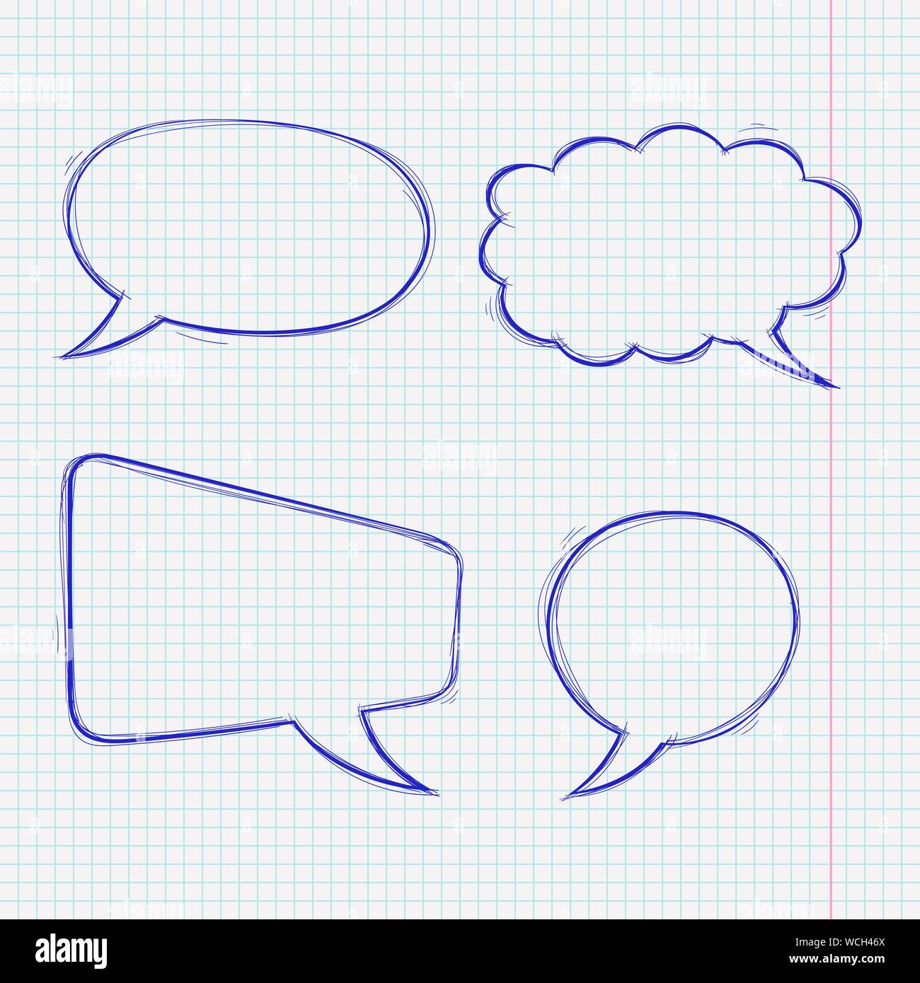 Speech bubbles. Doodle style blue hand drawn sketch on lined paper background Stock Vector