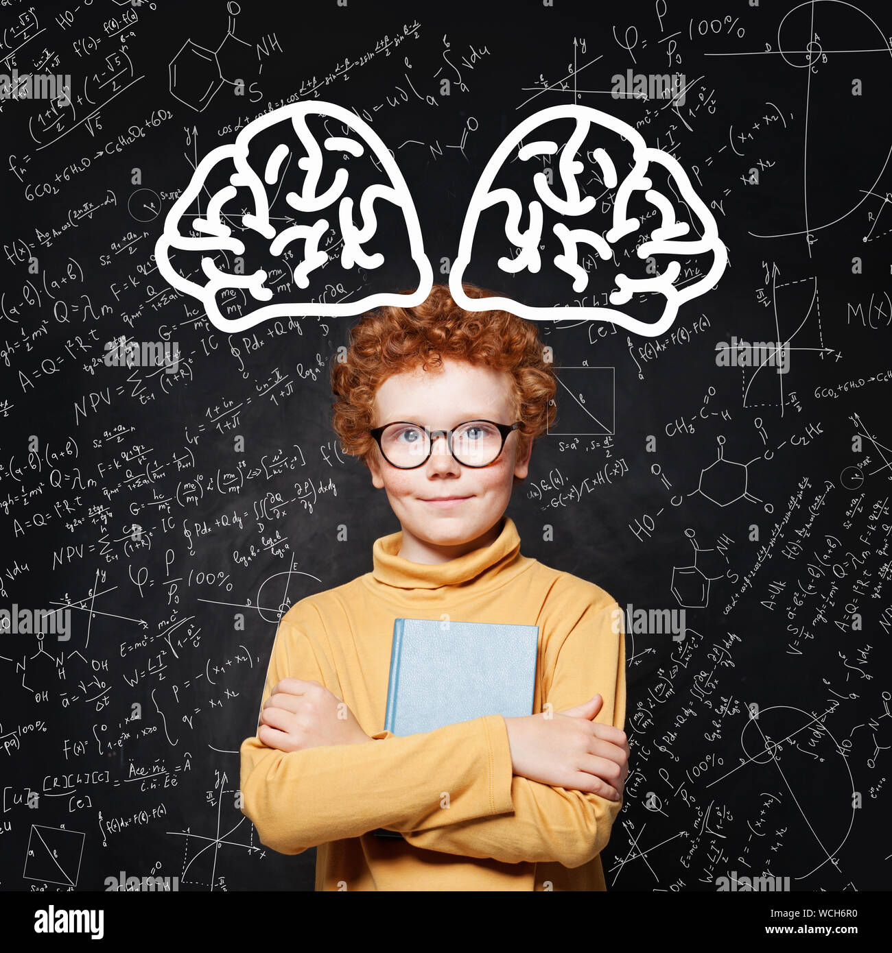 Little smart boy portrait. Kid with book and brain scetch Stock Photo