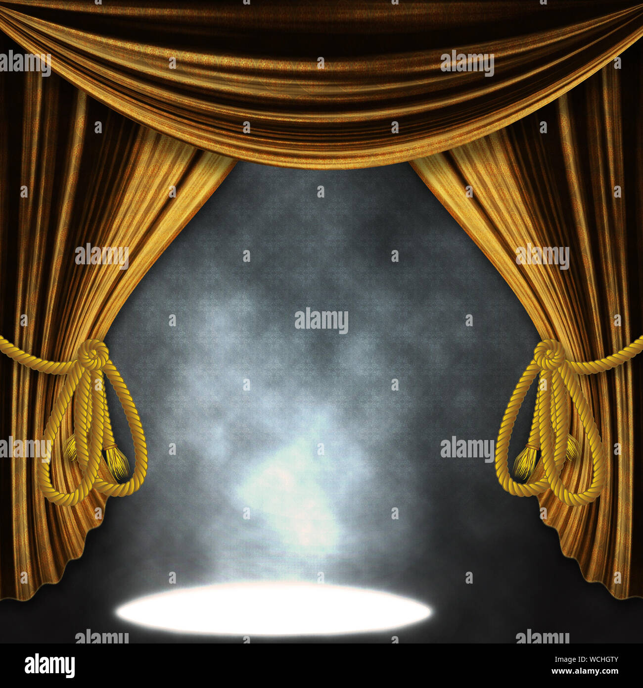Theater Stage With Open Golden Curtains And Three Spotlights And