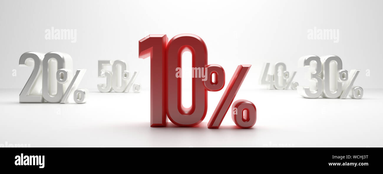 10 percent discount text on white background, banner. 10% off, Sale 10% concept. 3d illustration Stock Photo