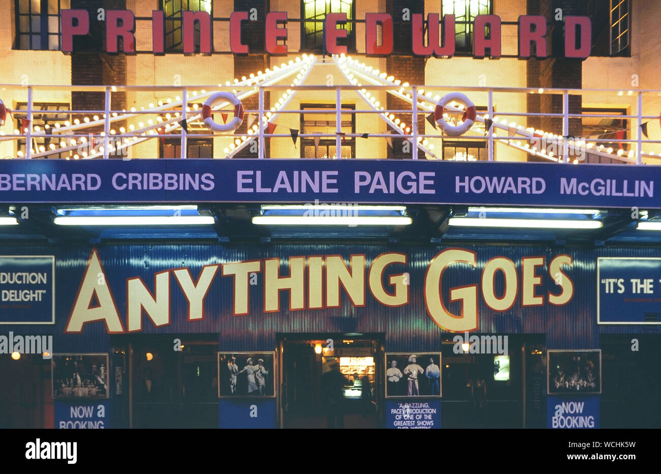 Prince Edward theatre entrance for Anything Goes musical, Soho, London, UK. Circa 1990's Stock Photo