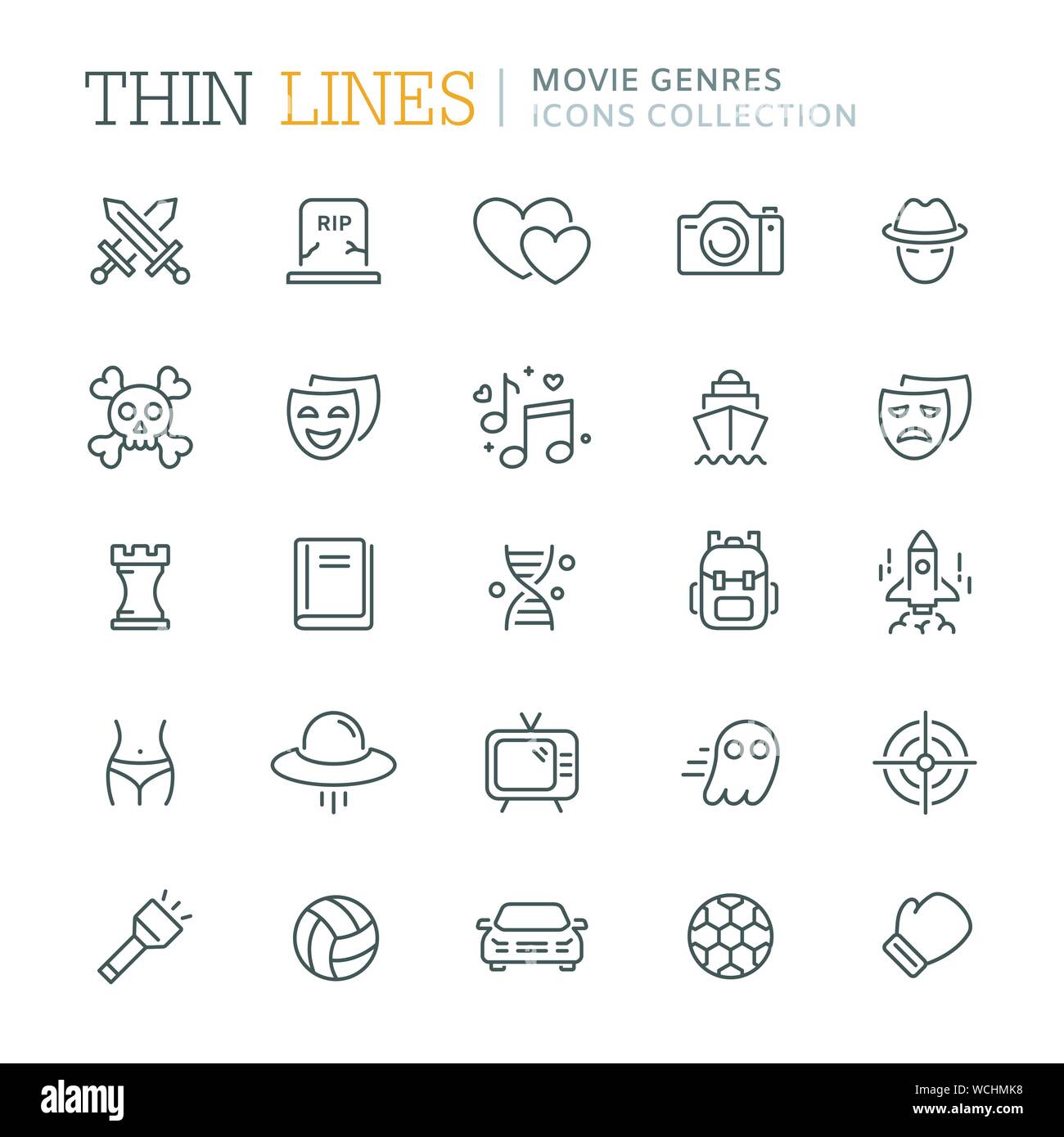 Collection of movie genres thin line icons Stock Vector