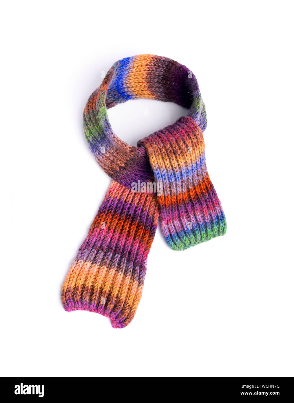 Winter multi-colored woolen scarf on white background. Stock Photo