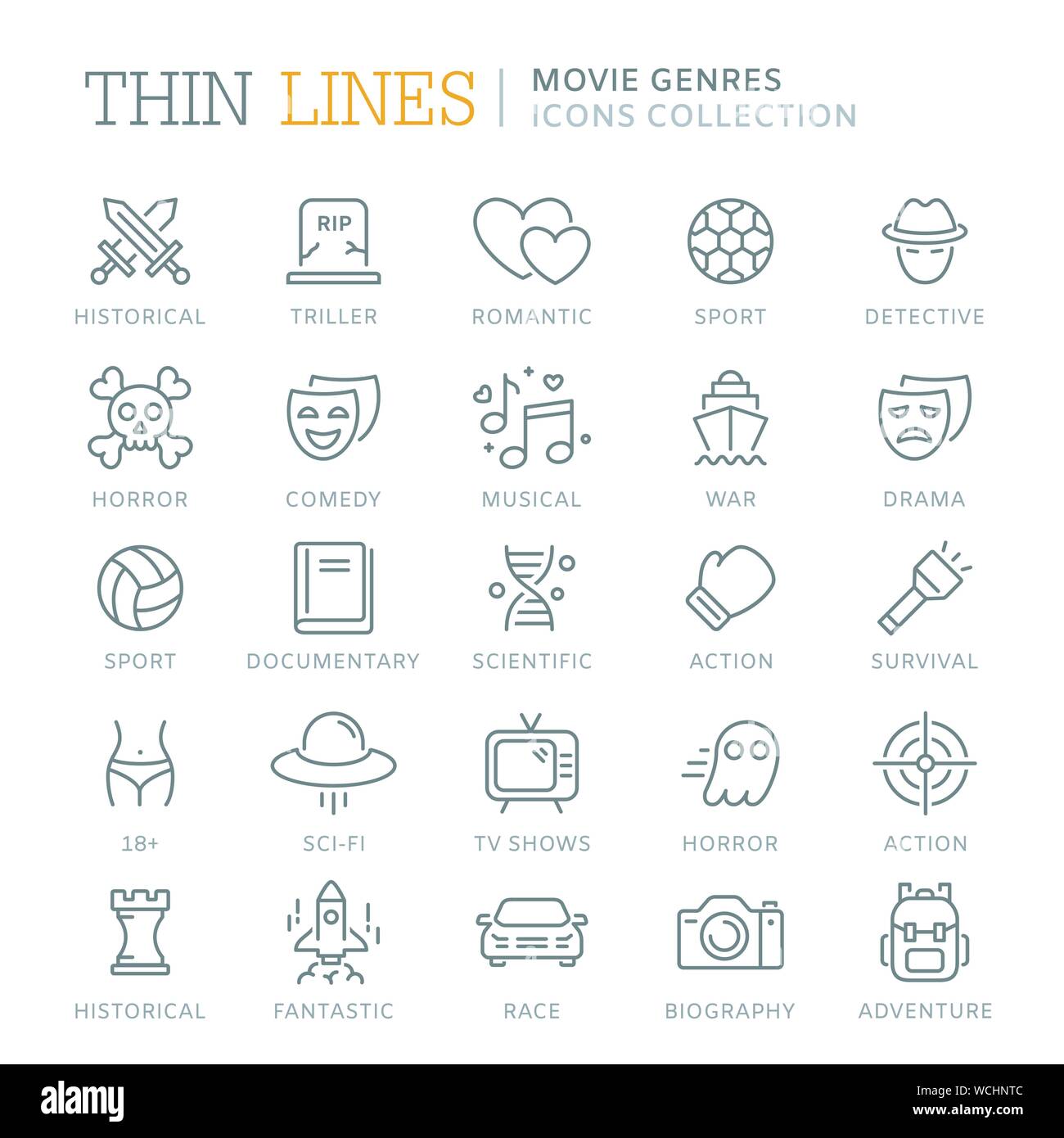 Collection of movie genres thin line icons Stock Vector