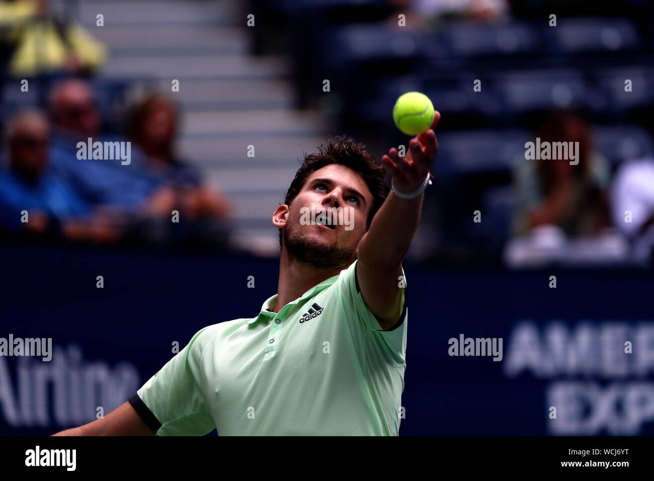 Flushing Meadows, New York, United States. 27th Aug, 2019. Dominic Thiem of Austria serving to Thomas Fabbiano Italy during their first round match at the US Open in Flushing Meadows, New York. Fabiano won the match in four sets. Credit: Adam Stoltman/Alamy Live News Credit: Adam Stoltman/Alamy Live News Stock Photo