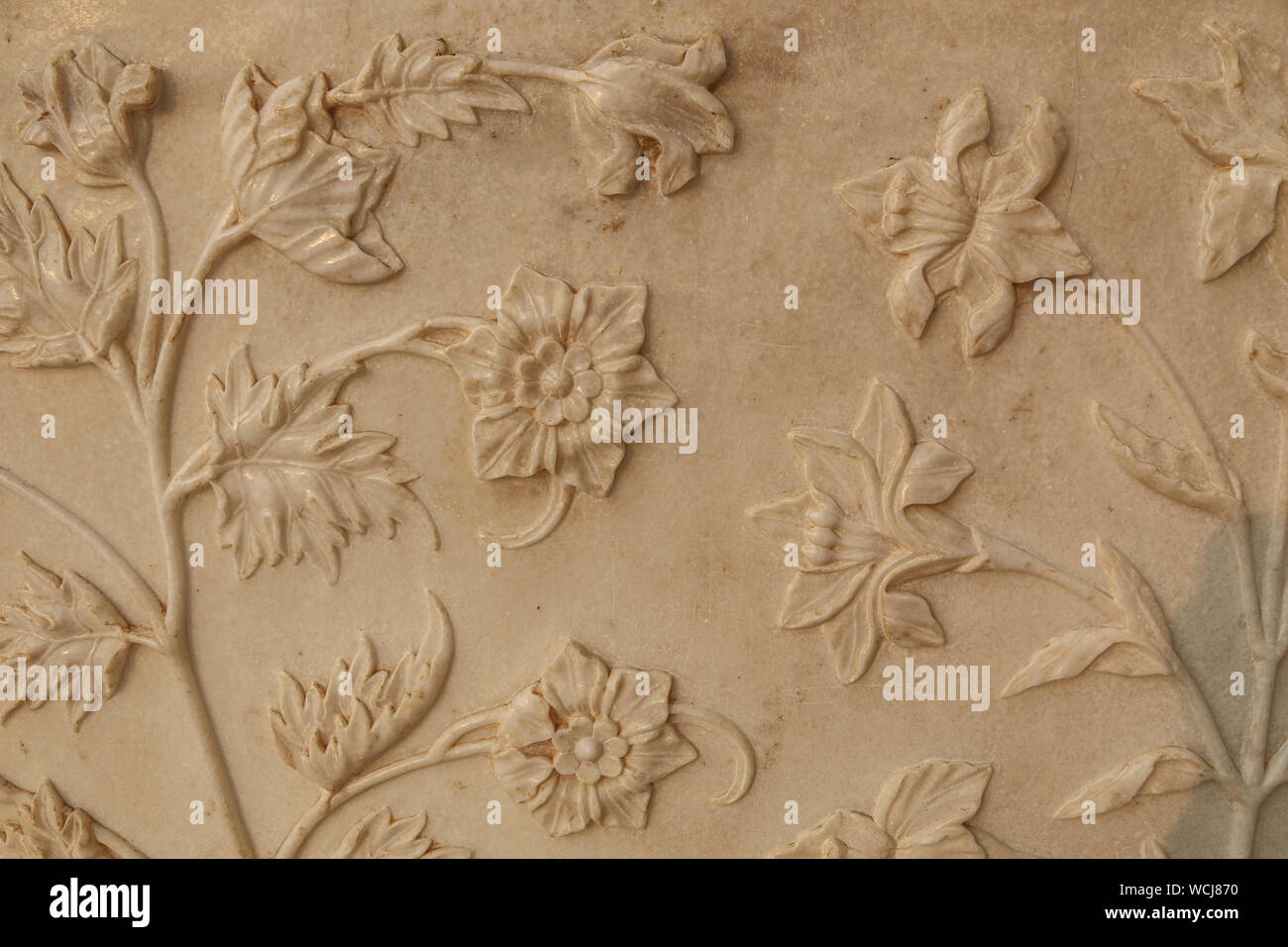 Exquisite close up of the marble floral carvngs at the Taj Mahal, Agra, Uttar Pradesh, India, Central Asia Stock Photo