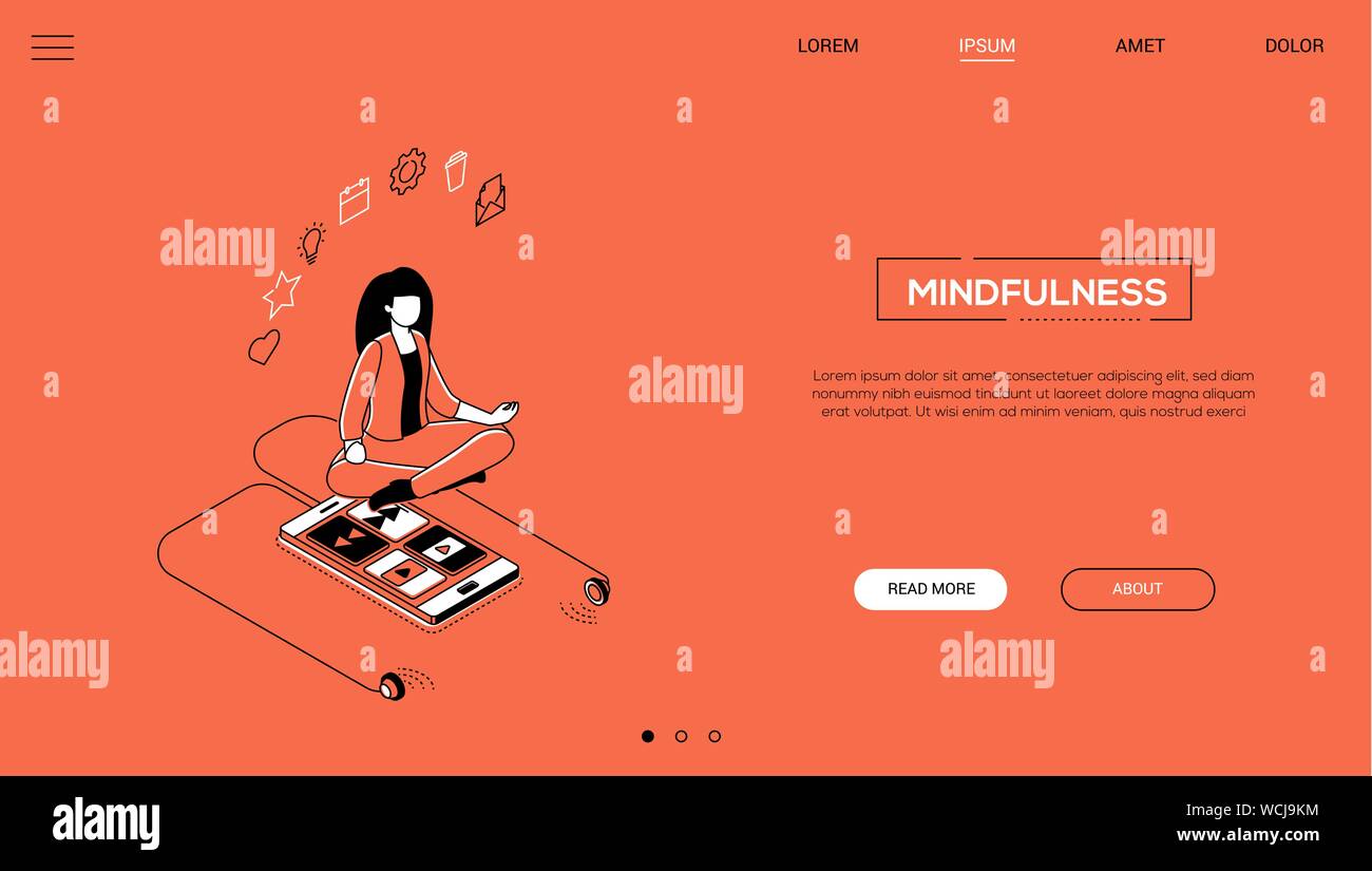 Mindfulness - line design style isometric web banner Stock Vector
