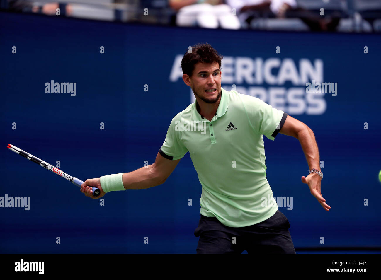 Flushing Meadows, New York, United States - 27 August 2019. Dominic Thiem of Austria sets up a return to Thomas Fabbiano Italy during their first round match at the US Open in Flushing Meadows, New York. Fabiano won the match in four sets. Credit: Adam Stoltman/Alamy Live News Stock Photo