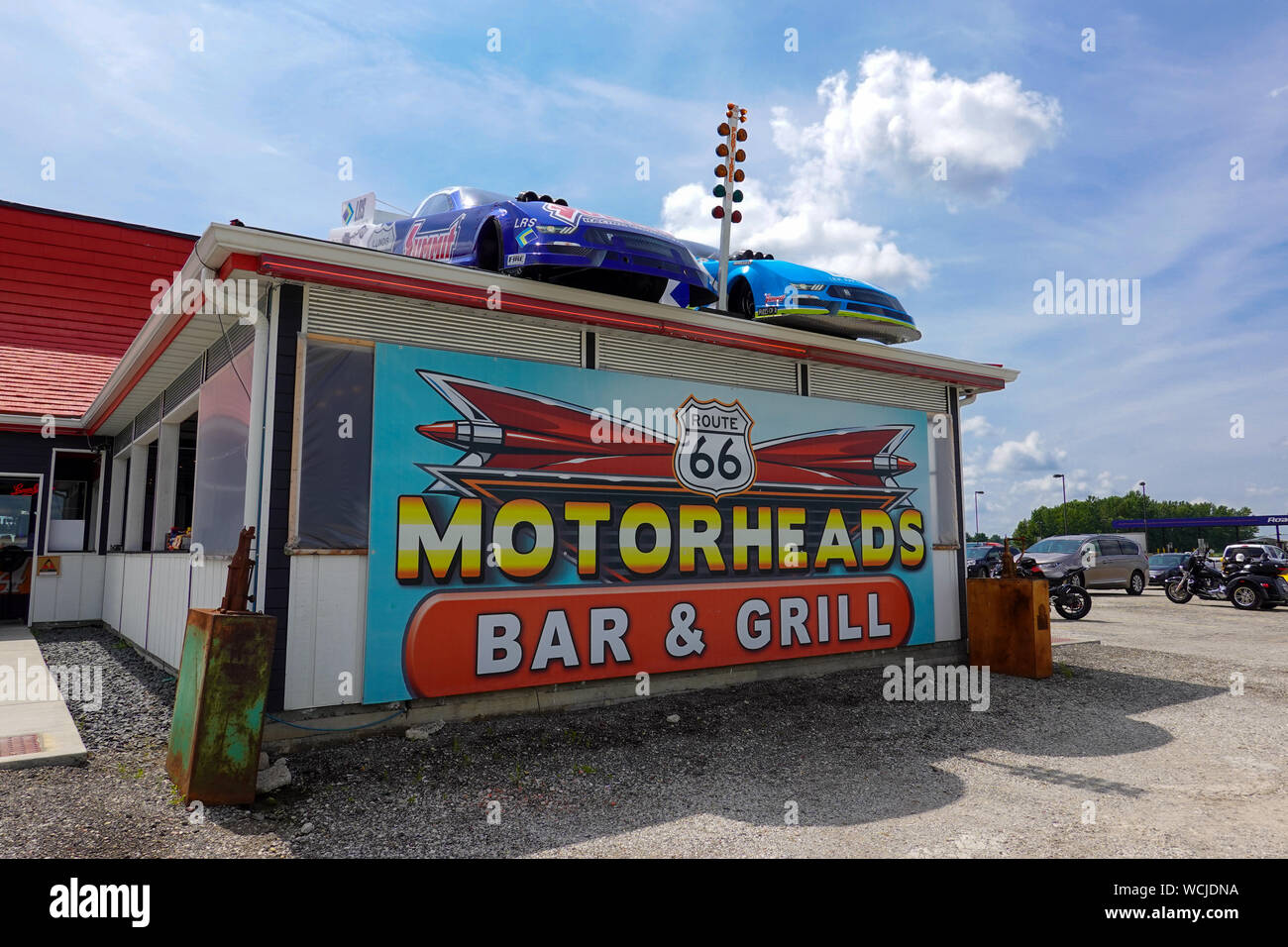 Springfield, IL/USA-8/23/19:Motorheads bar and restaurant where the decor is made up of old signs, cars and parts. Stock Photo