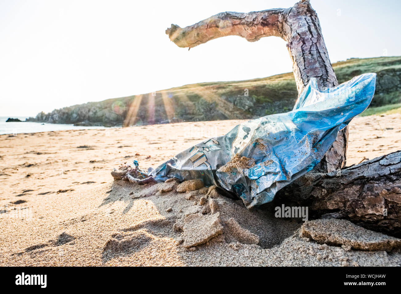 Plastic waste pollution (party balloon) on a beach in Wales UK Stock Photo