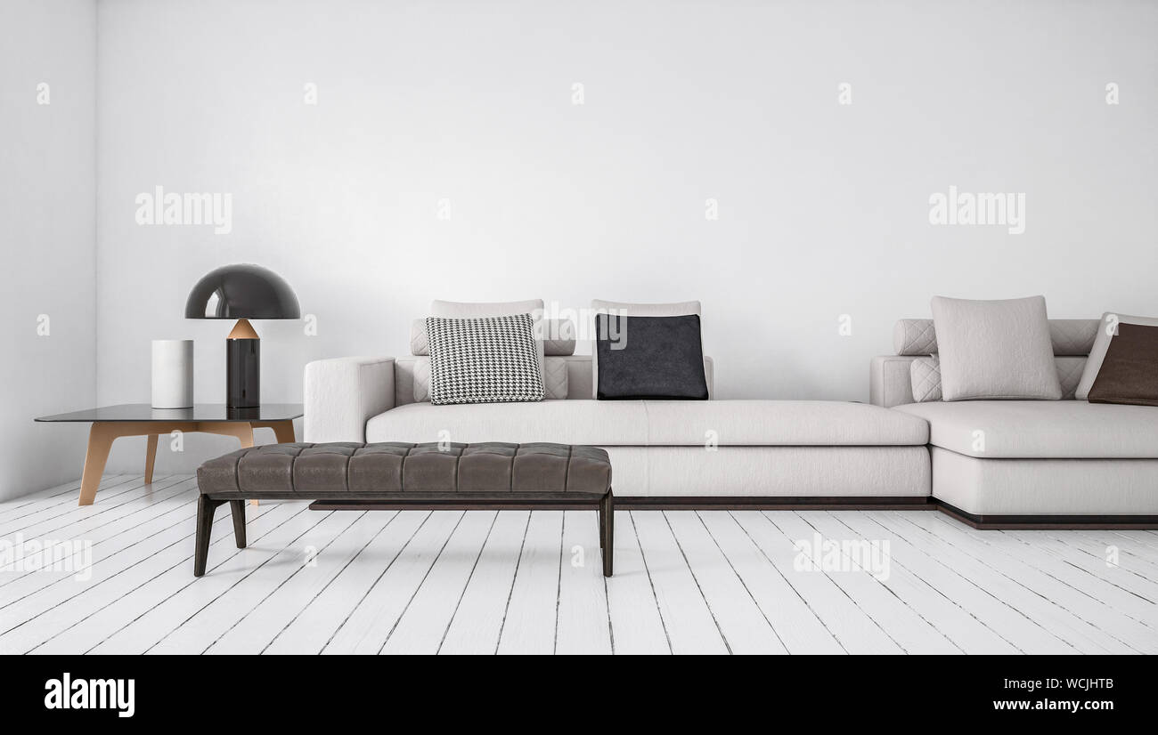 Modern Simple Monochromatic White Living Room Interior With Large