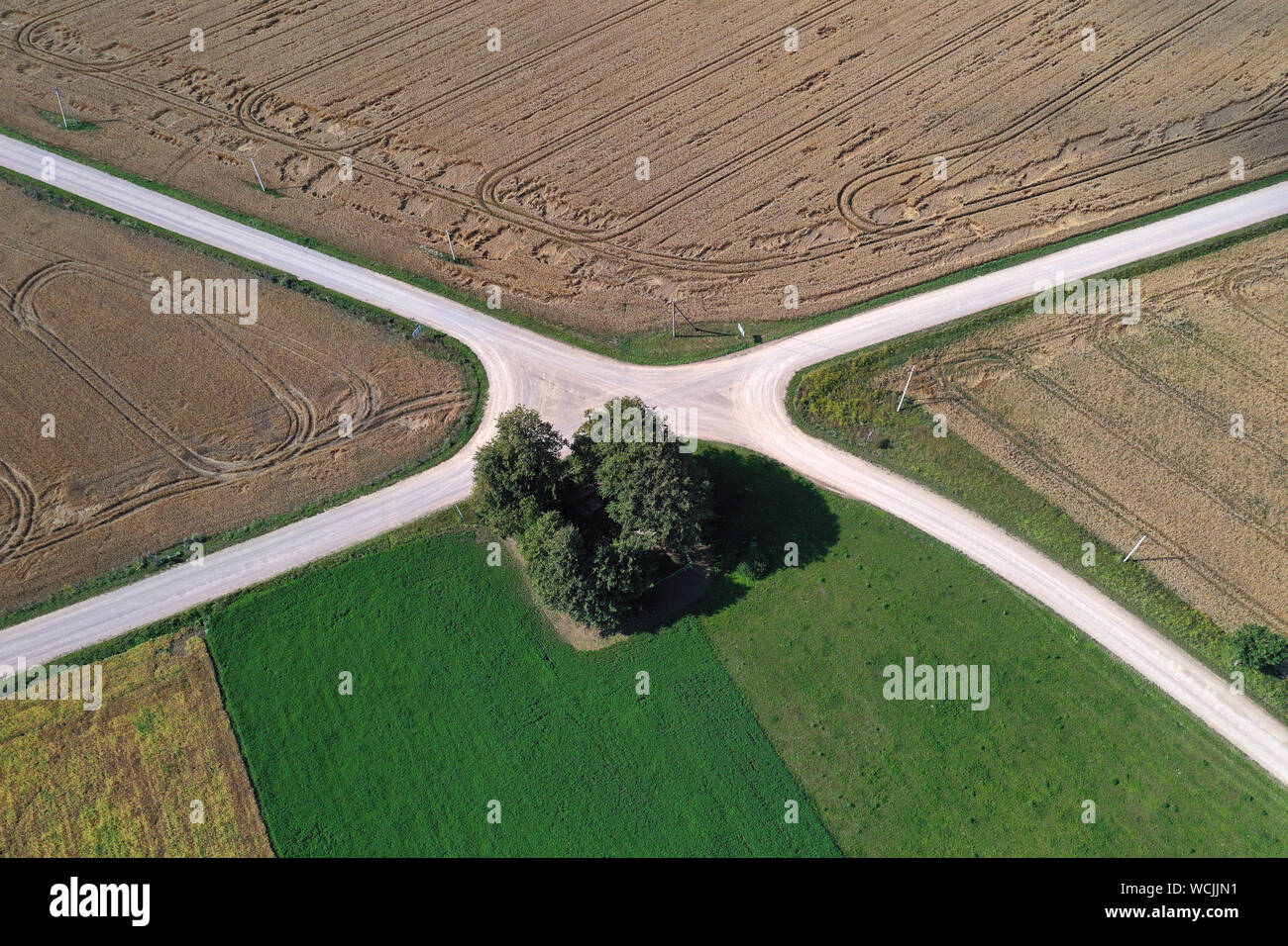 Aerial view of a country road crossroads in summer Stock Photo