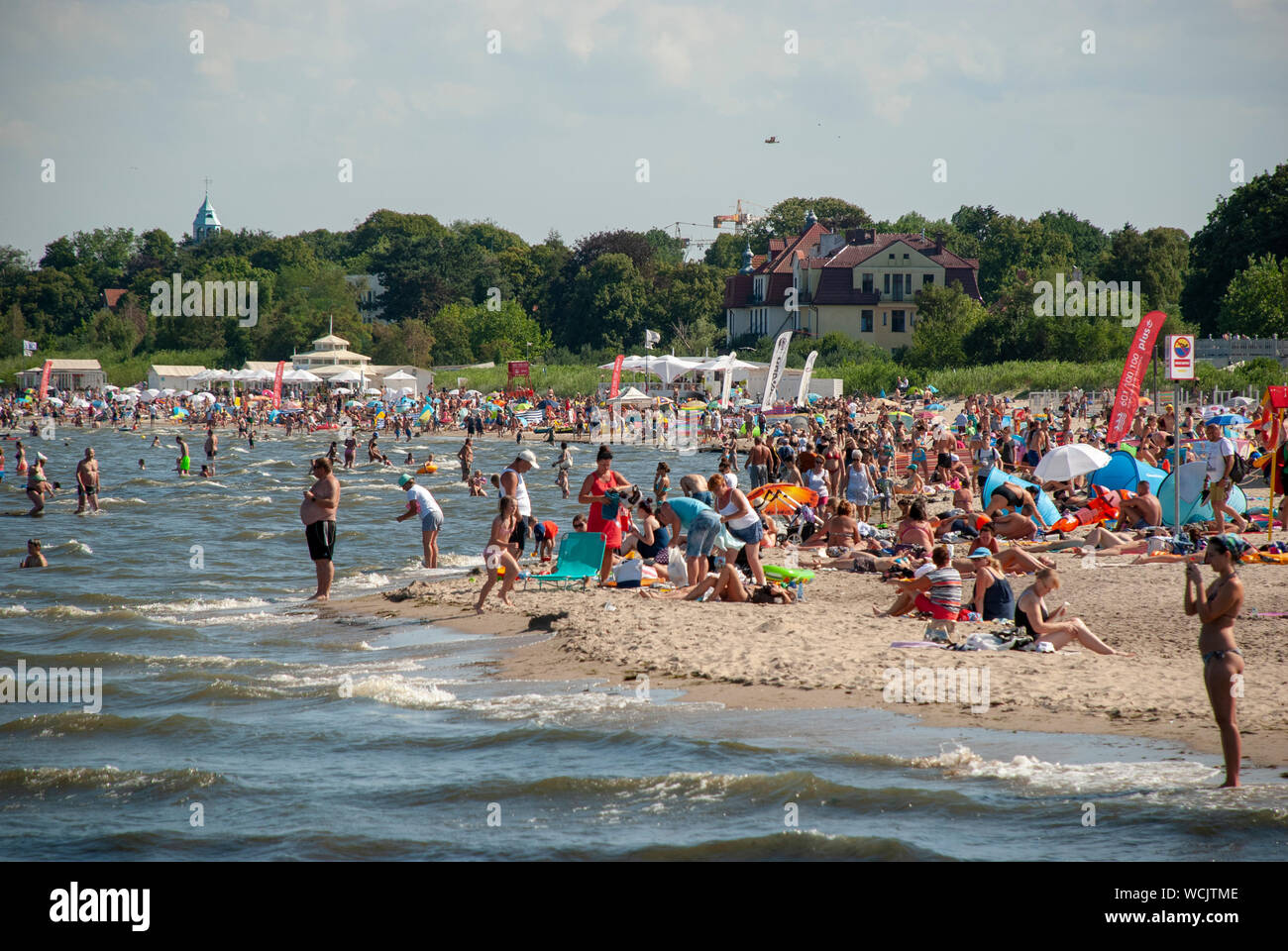 Crowded Baltic Sea beach of Sopot, Poland Stock Photo