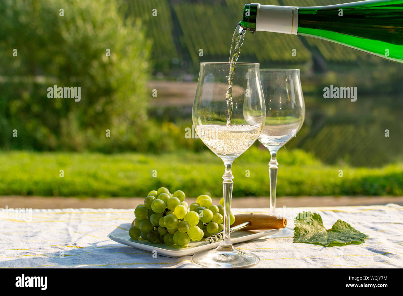 Waiter pouring German quality white wine riesling, produced in Mosel