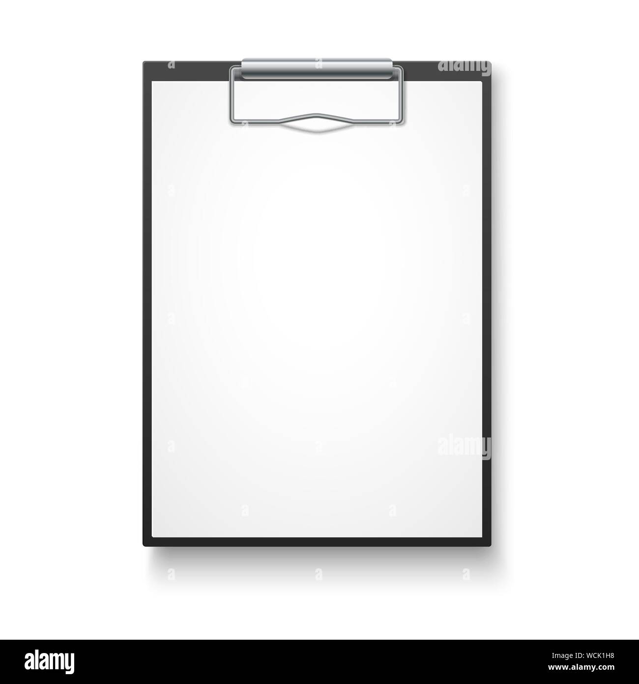 Black clipboard with blank white sheet. Vector illustration. Eps 10. Stock Vector