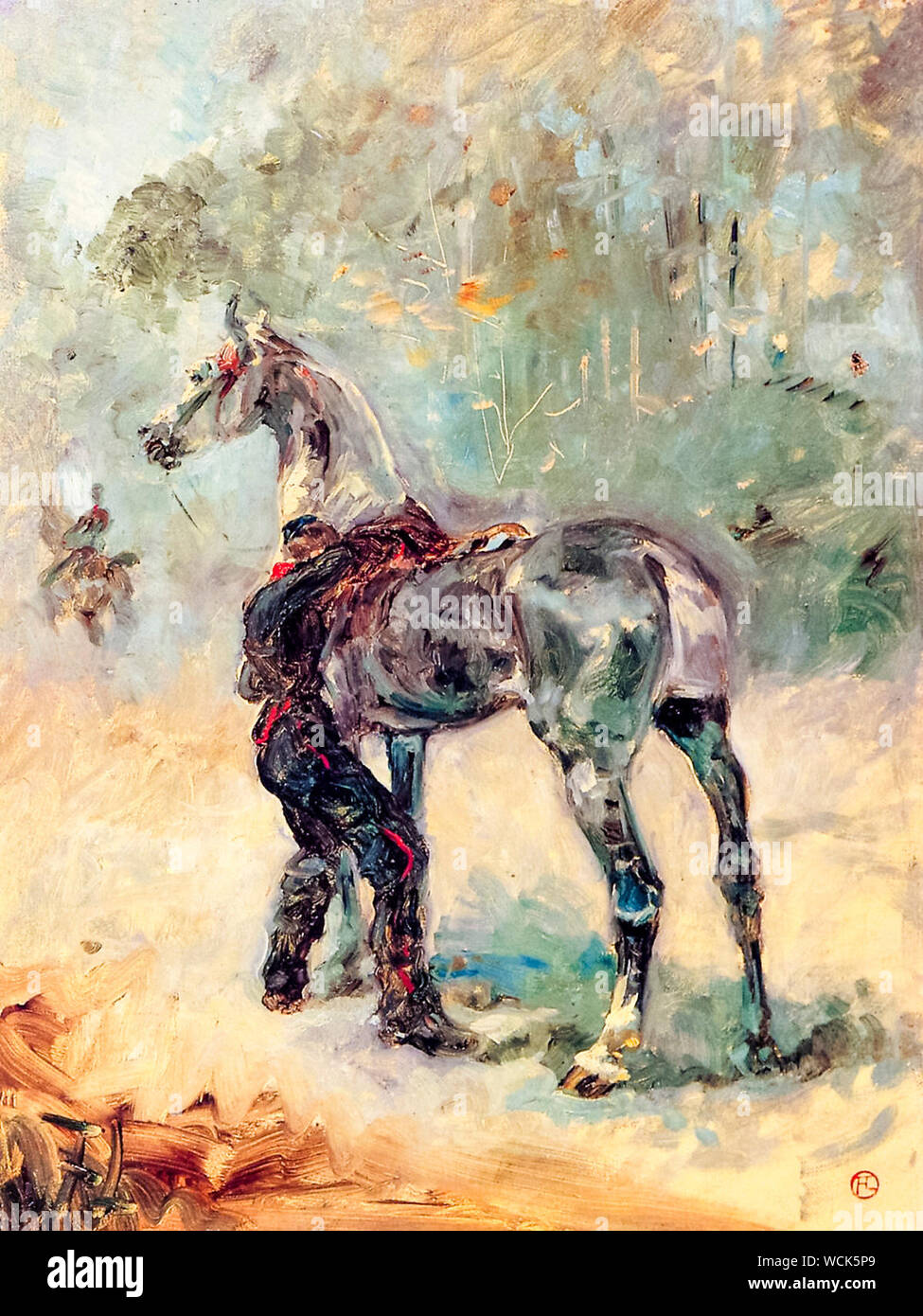 Henri de Toulouse Lautrec, Artilleryman Saddling His Horse, painting, 1879 Stock Photo