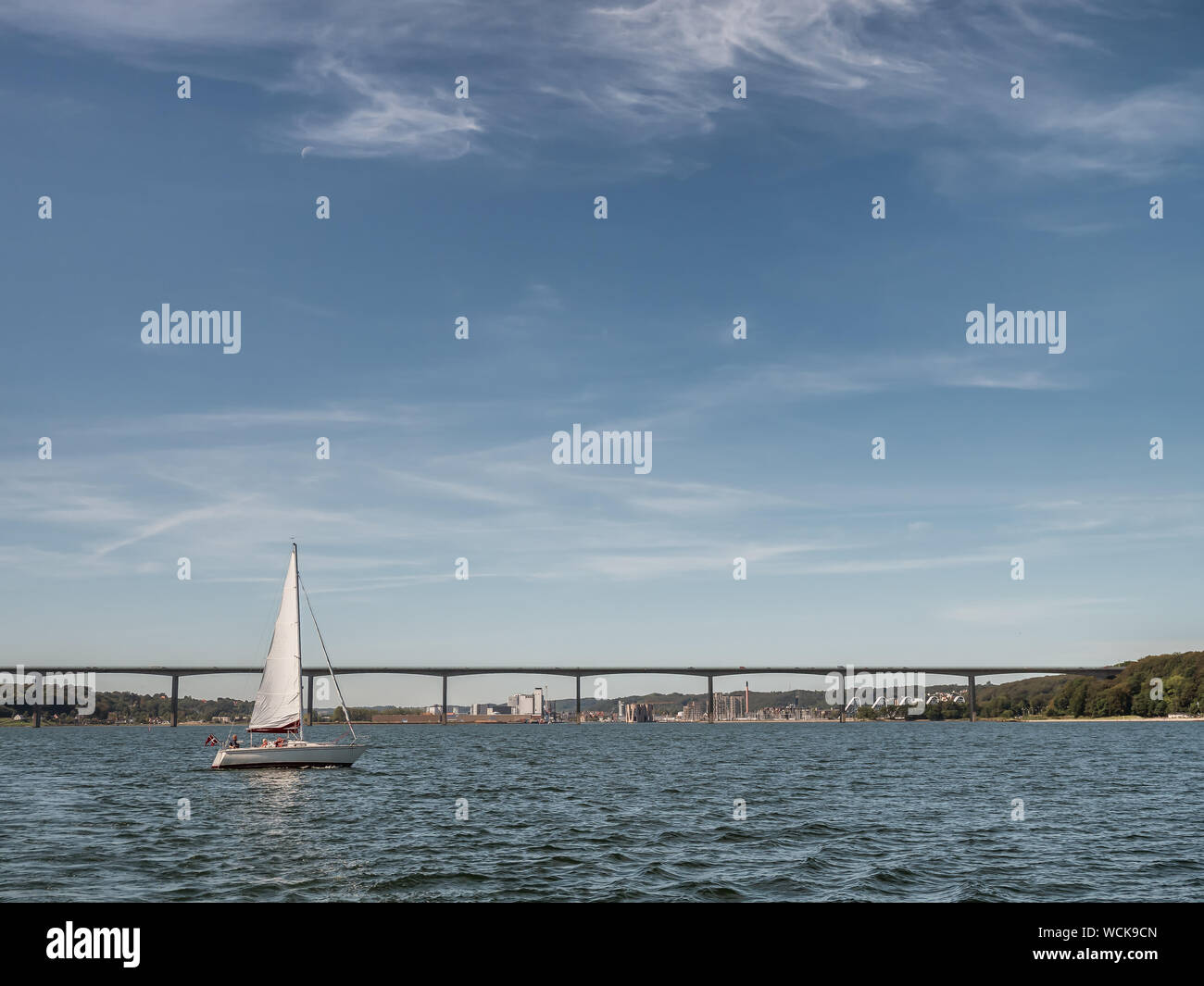 Bridge over Vejle Fjord on a foggy summers day, Denmark Stock Photo
