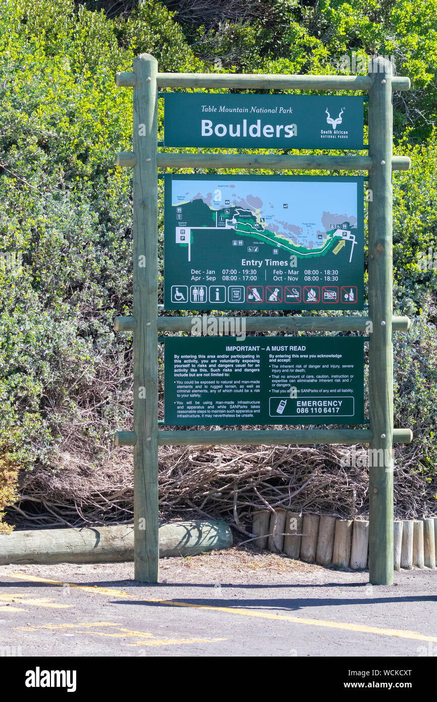 Signboard at the entrance to the Boulders Beach African Penguin colony, Simonstown, Western Cape, South Africa, a popular tourist attraction Stock Photo