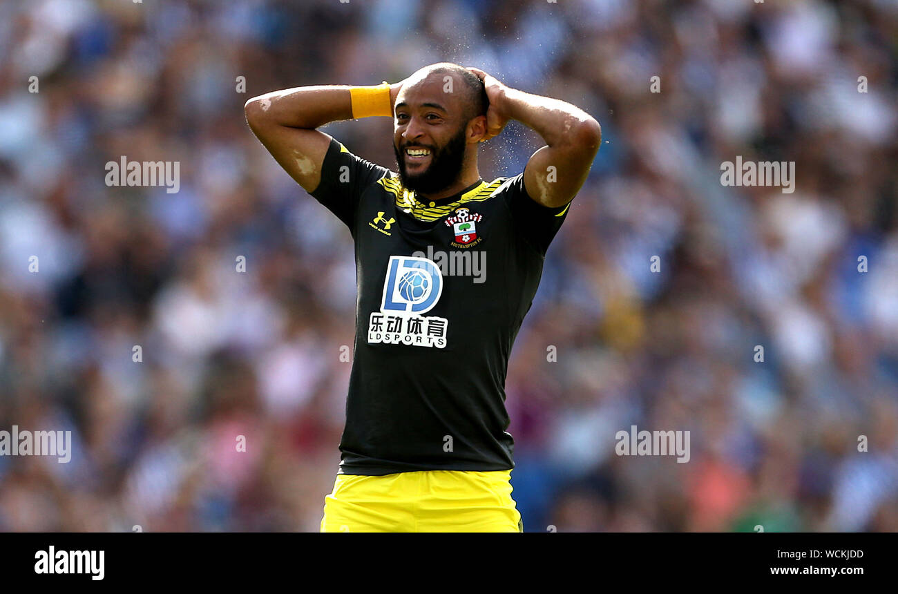 Southampton's Nathan Redmond reacts during the Premier League match at the AMEX Stadium, Brighton Stock Photo
