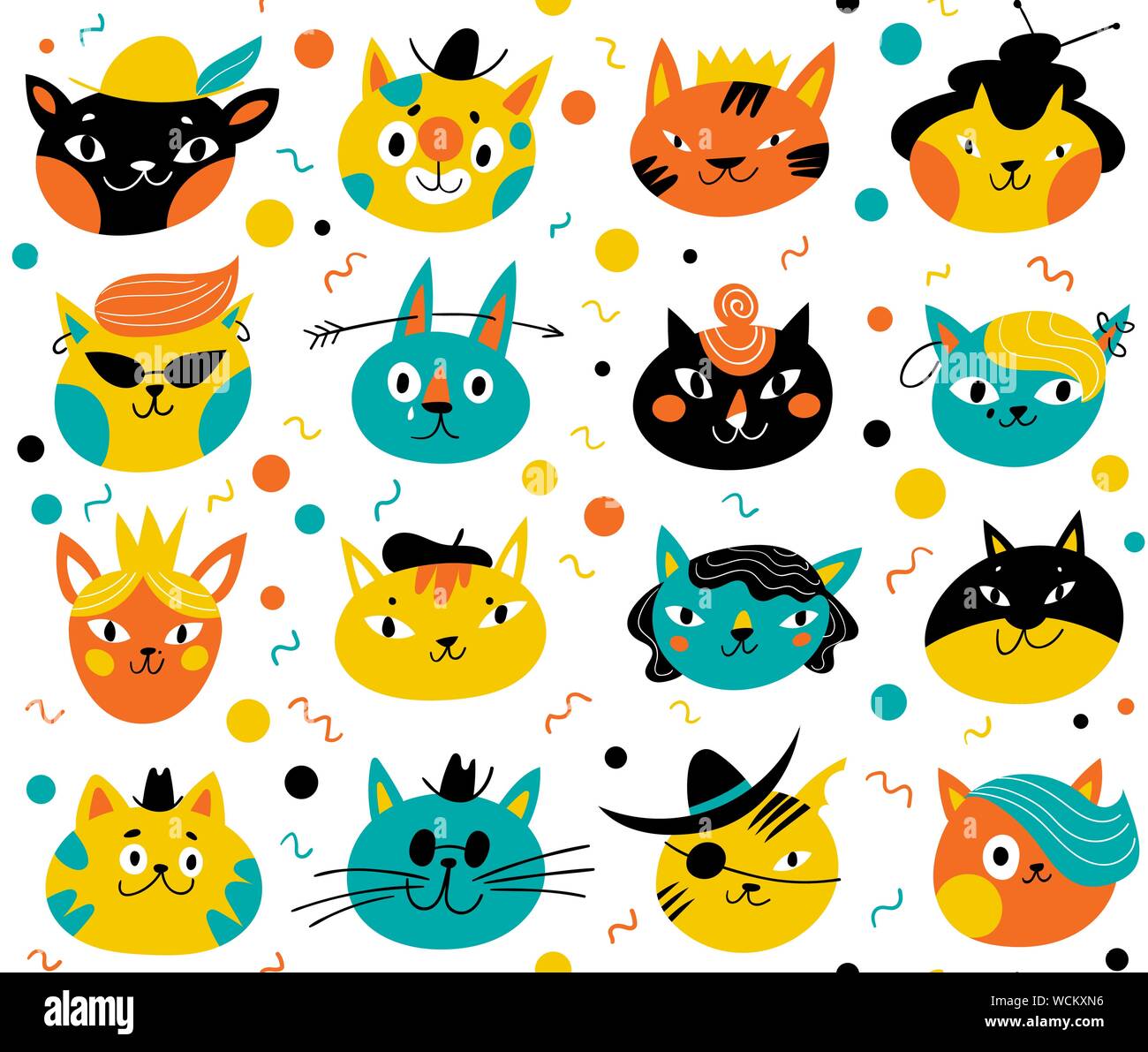 Vector seamless pattern for textile or wrapping paper with cute cats characters Stock Vector