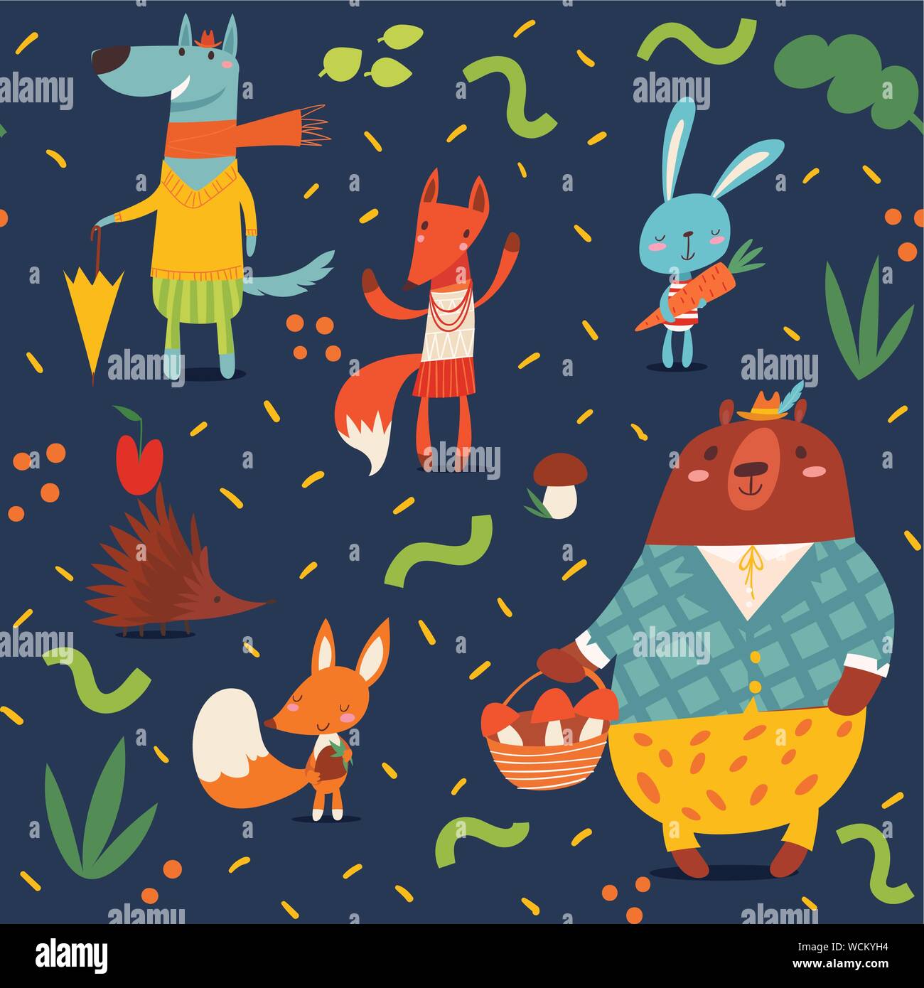 Vector seamless forest pattern in kids style with cartoon animals Stock Vector