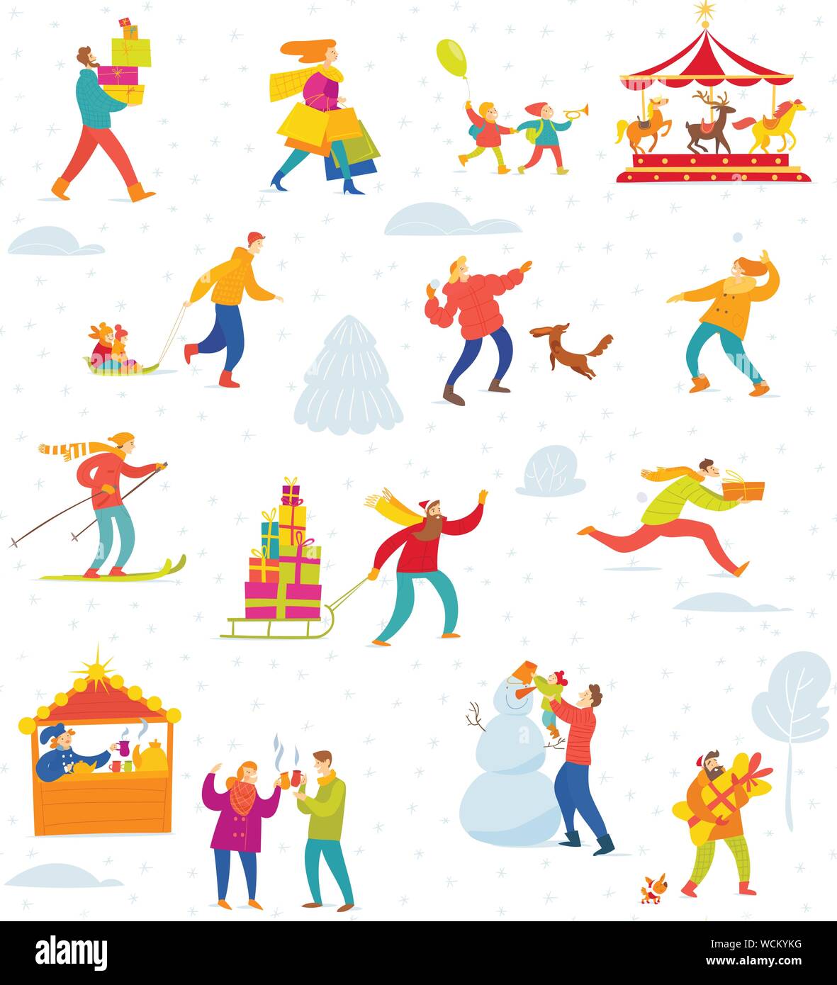 Winter seamless pattern with people for Christmas Stock Vector