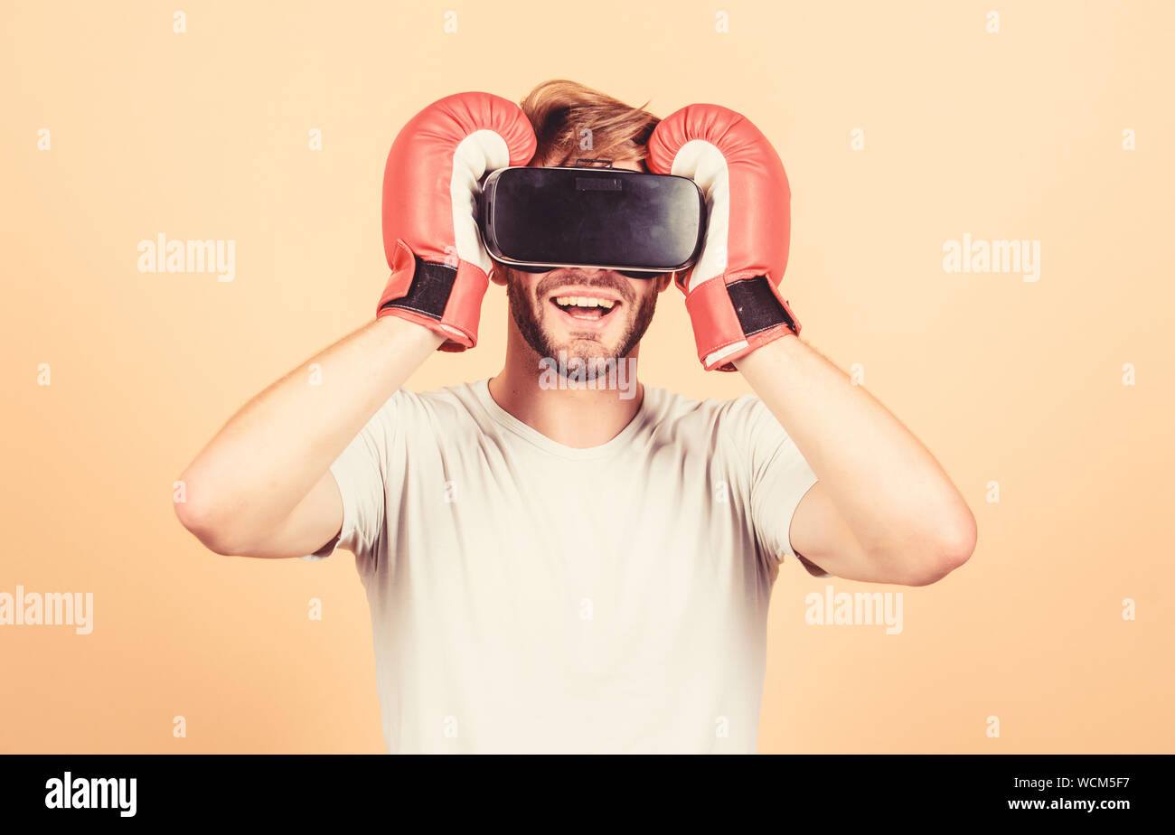 Modern technologies. man use new technology. boxing in virtual reality ...