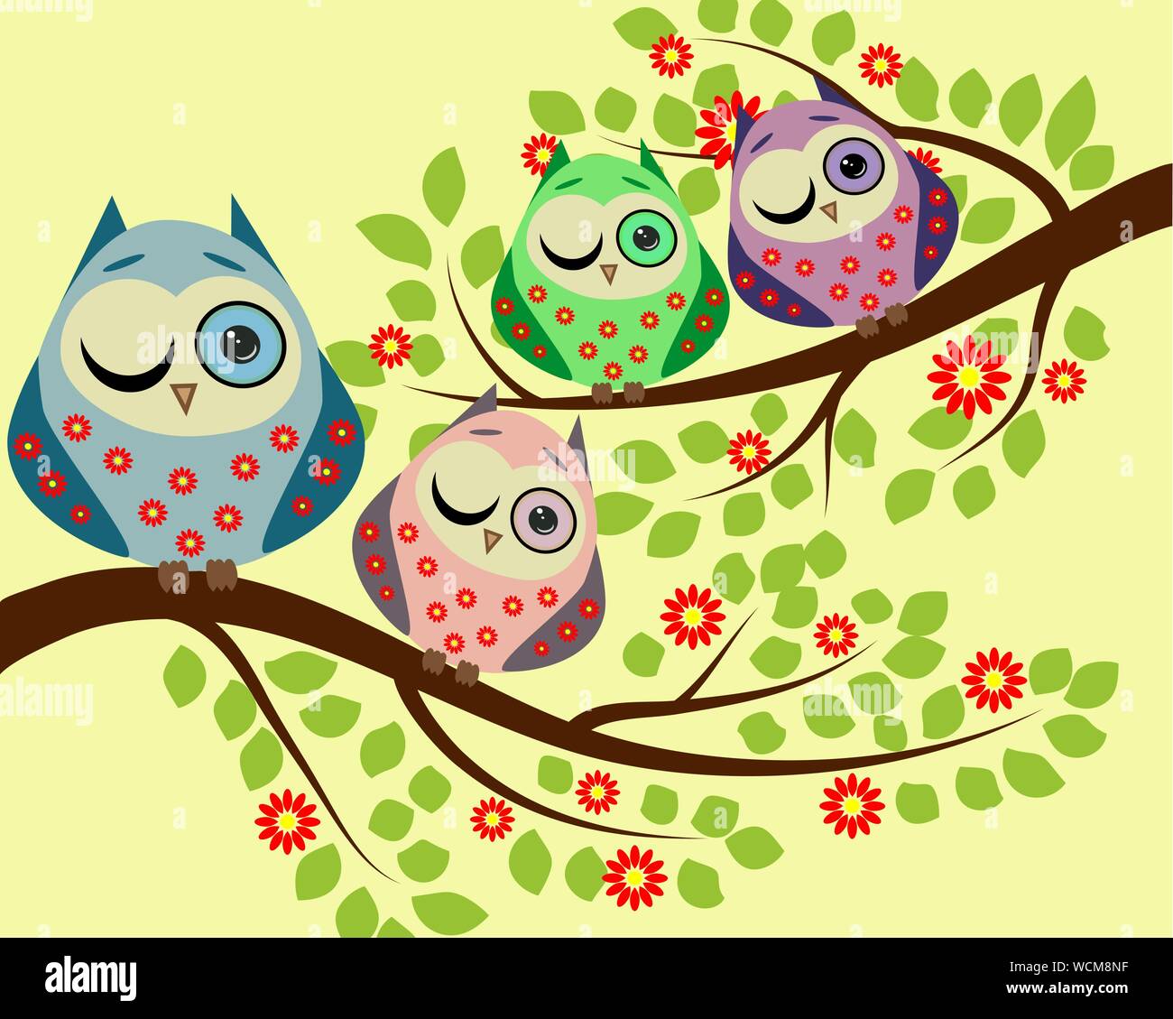 Bright cute cartoon owls sit on the flowering branches of fantastic ...