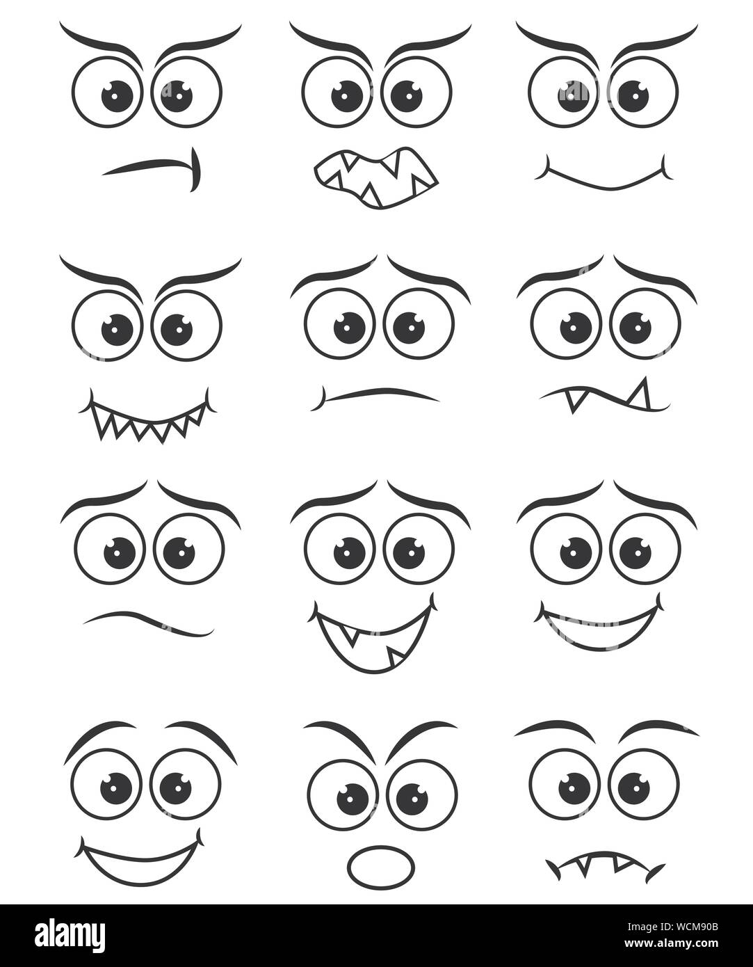 Cartoon faces expression line icons set. Set of emoticons or emoji illustration line icons. Smile icons line art isolated illustration on white backgr Stock Vector