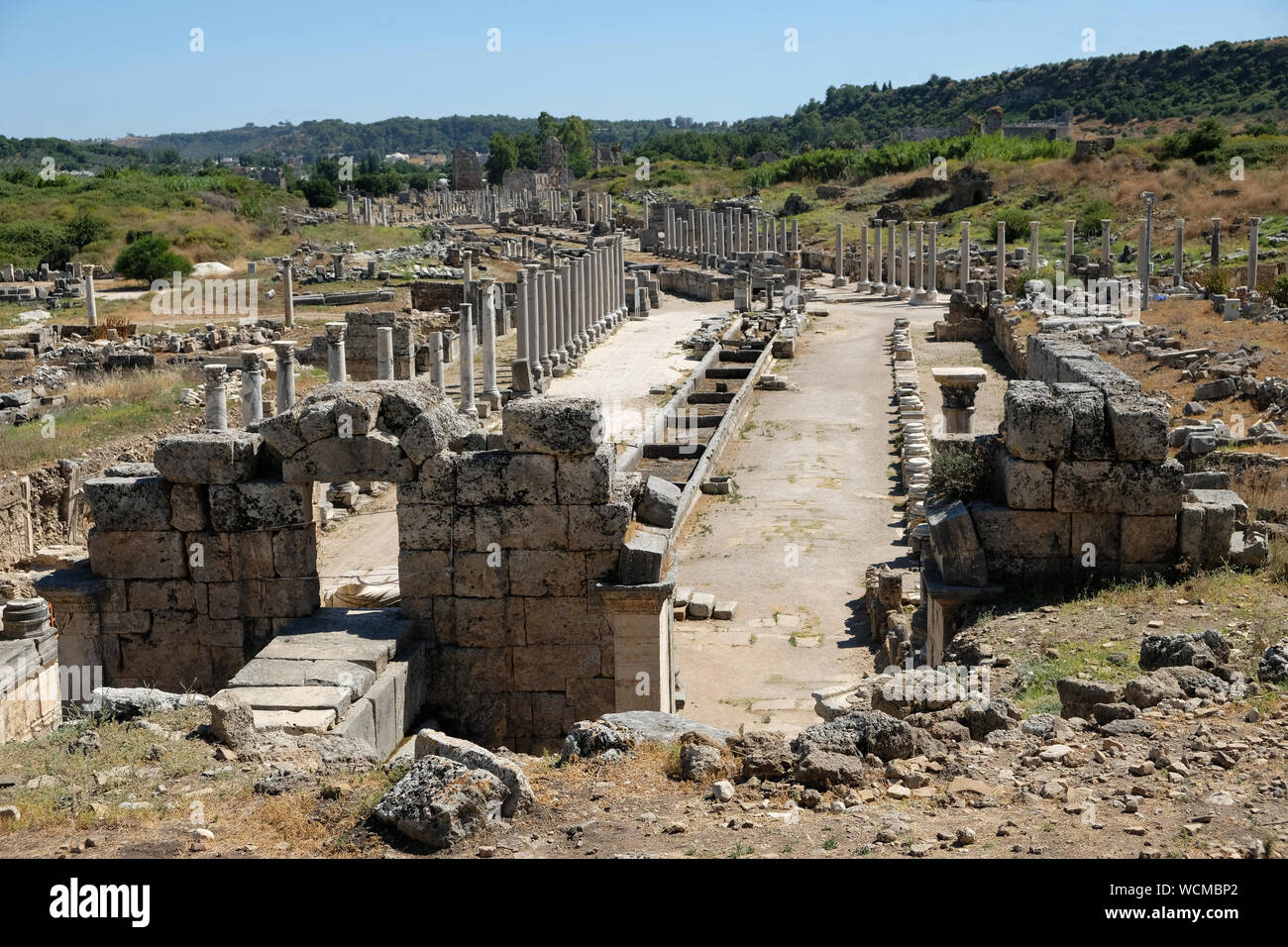 The historical site of Perge, 18 kilometers east of Turkey, holds the vast remains of what was once the most propserous city of the ancient world. Stock Photo