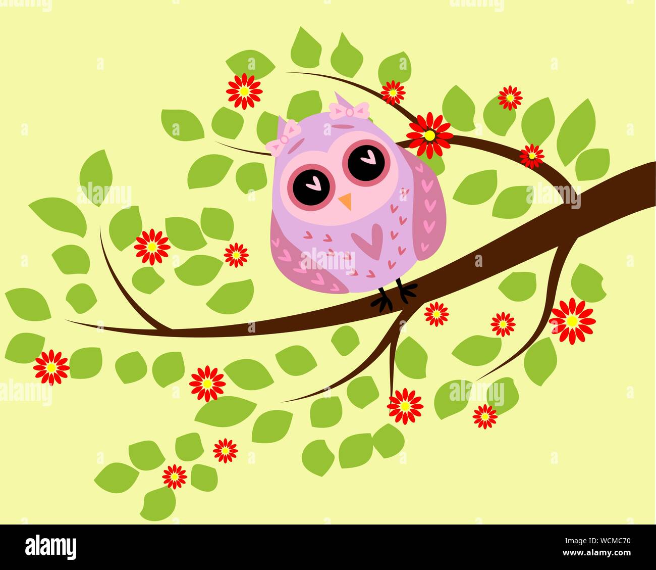 Bright cute cartoon owl sitting on the flowering branches of fantastic ...