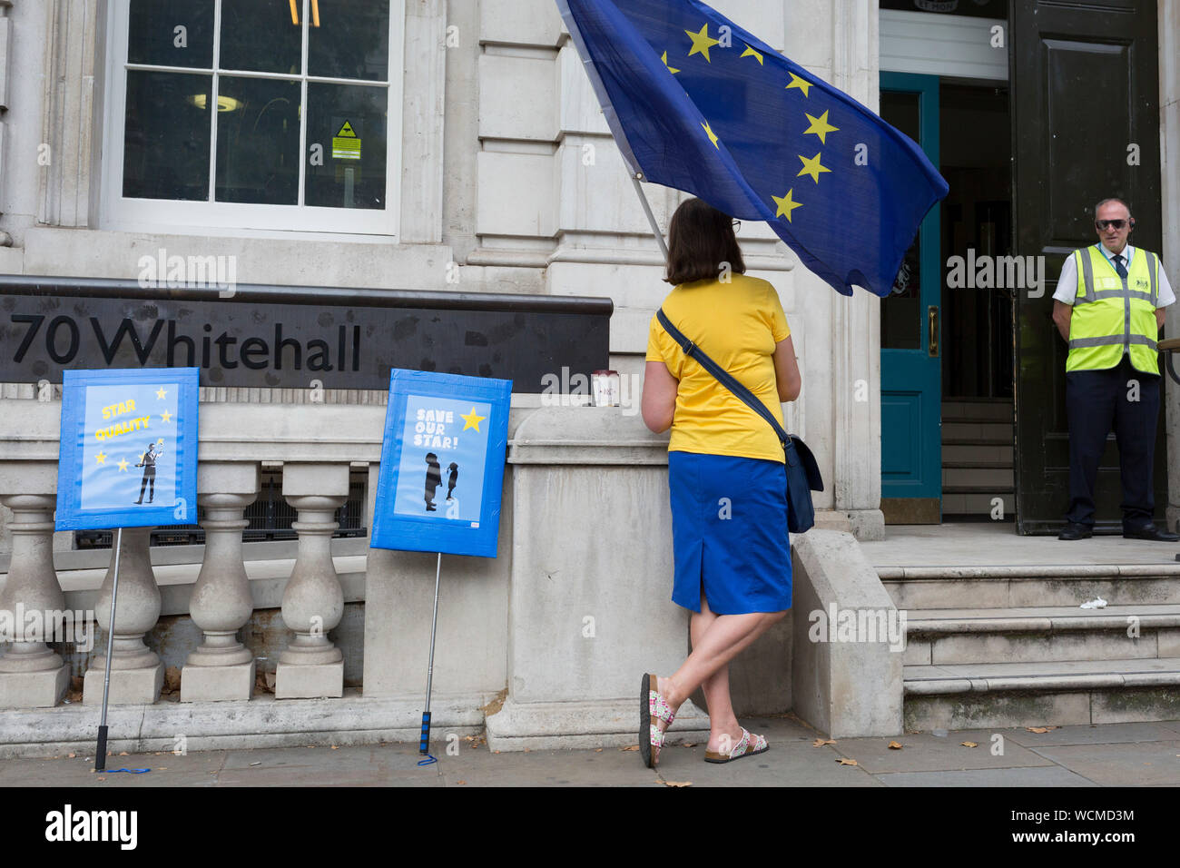 On the day that British Prime Minister Boris Johnson sought to have Parliament suspended by Queen Elizabeth, days after MPs return to work in September - and only a few weeks before the Brexit deadline, pro-EU Remain voters protest outside the Cabinet Office where daily Brexit contingency planning meetings take place, on 28th August 2019, in Whitehall, Westminster, London, England. Stock Photo