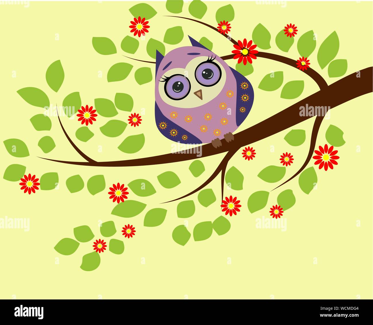 Bright cute cartoon owl sitting on the flowering branches of fantastic ...