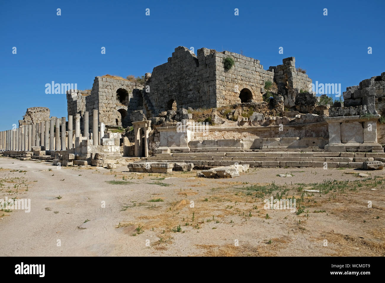 The historical site of Perge, 18 kilometers east of Turkey, holds the vast remains of what was once the most propserous city of the ancient world. Stock Photo