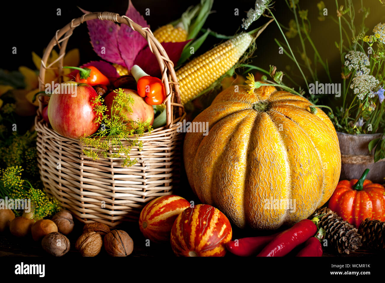 The Table Decorated With Vegetables And Fruits Harvest Festival Happy Thanksgiving Autumn Background Selective Focus Horizontal Stock Photo Alamy