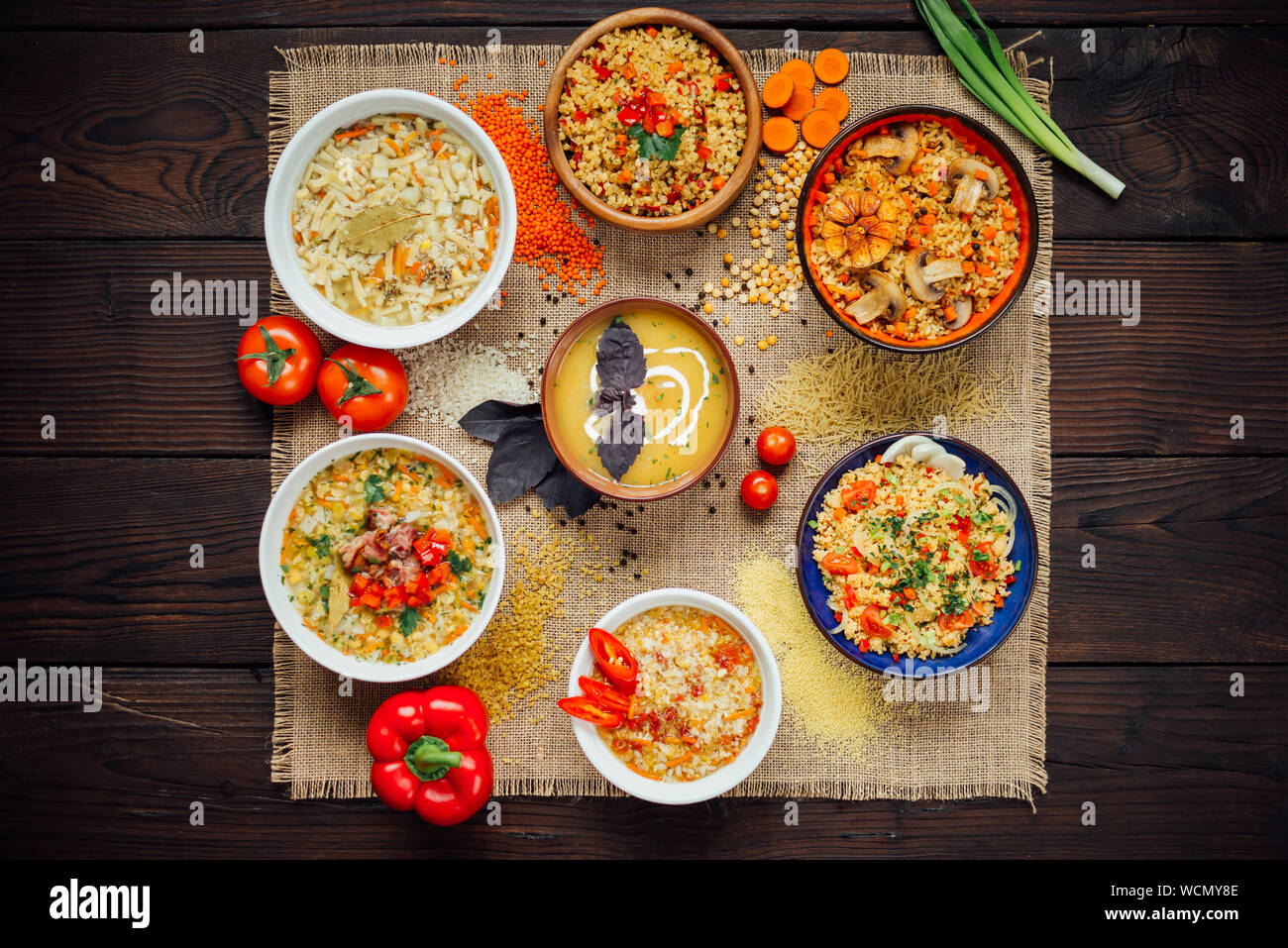 Aerial View Of Vegetarian Salads Tabbouleh And Soup Bowls Stock Photo