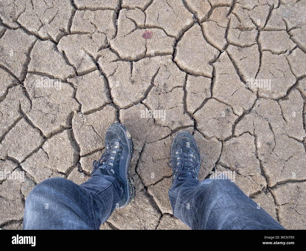 Low Section Of Man Walking On Parched Soil Stock Photo