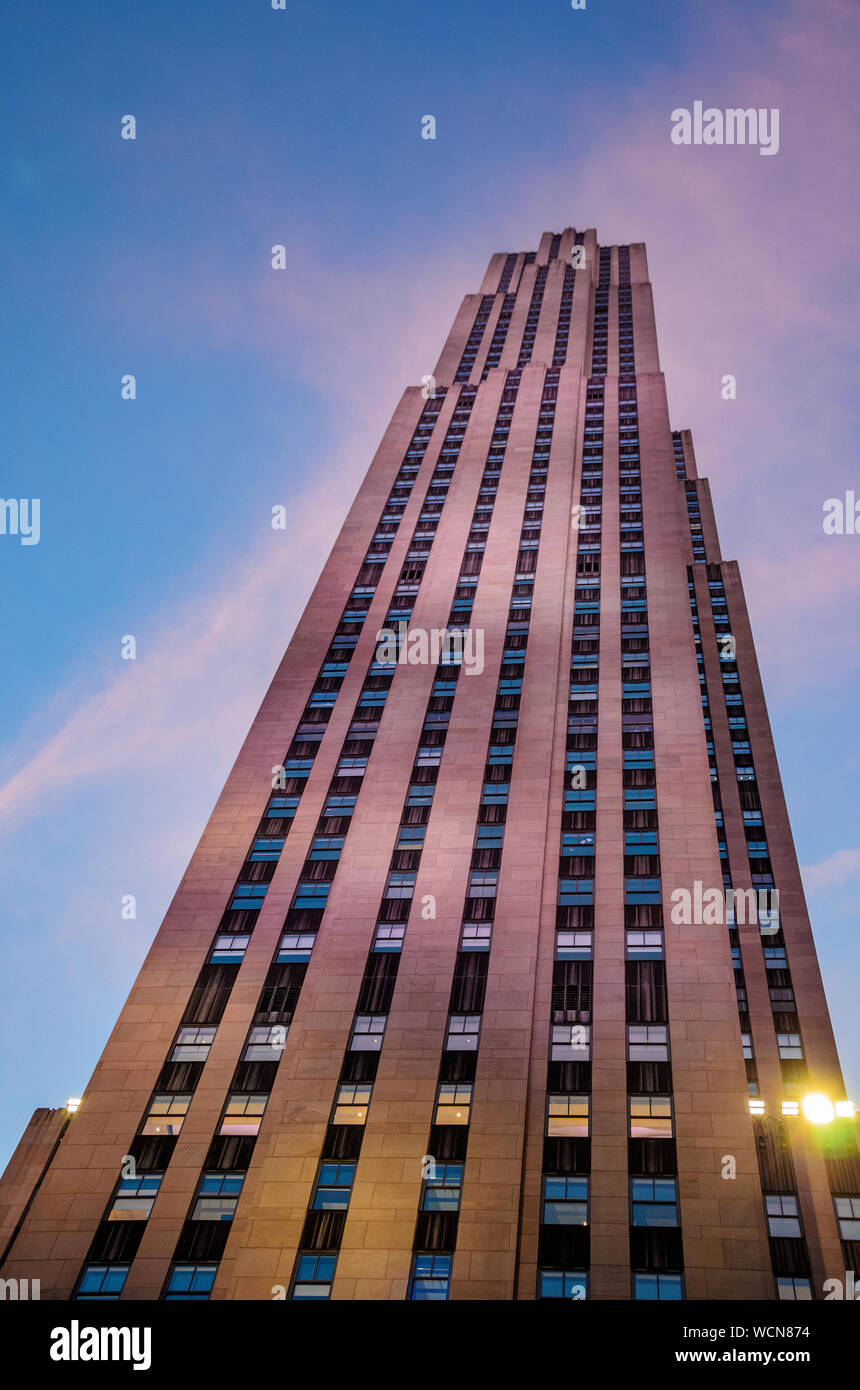 A low angle view of the 30 Rockefeller Center skyscraper, the ...