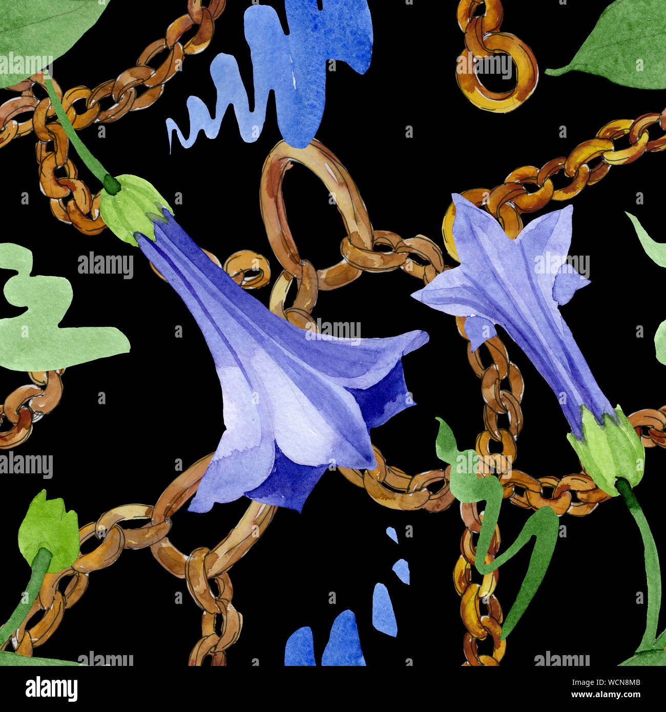 Blue brugmansia floral botanical flowers. Watercolor background