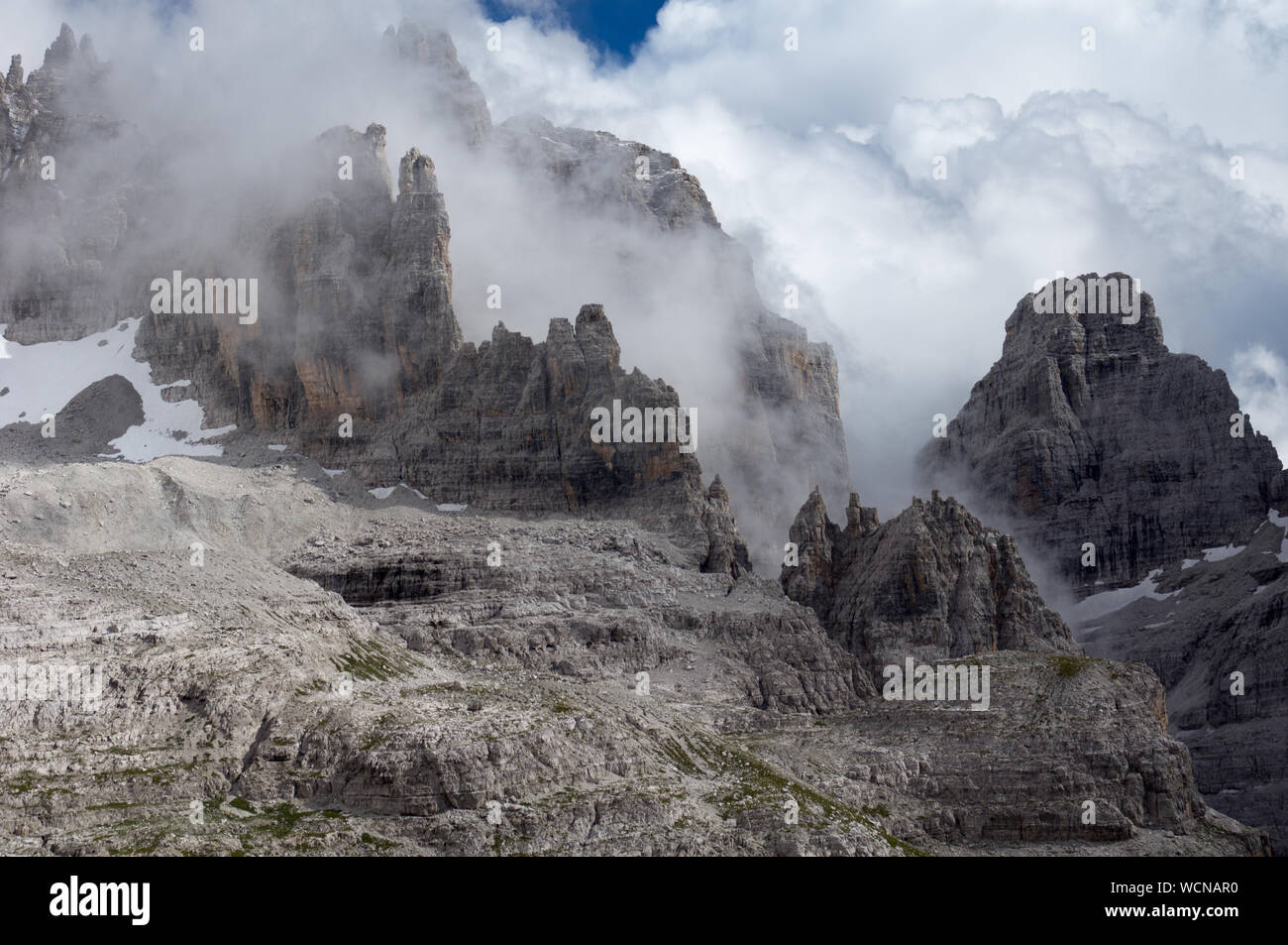 Dolomites During Foggy Weather Stock Photo Alamy