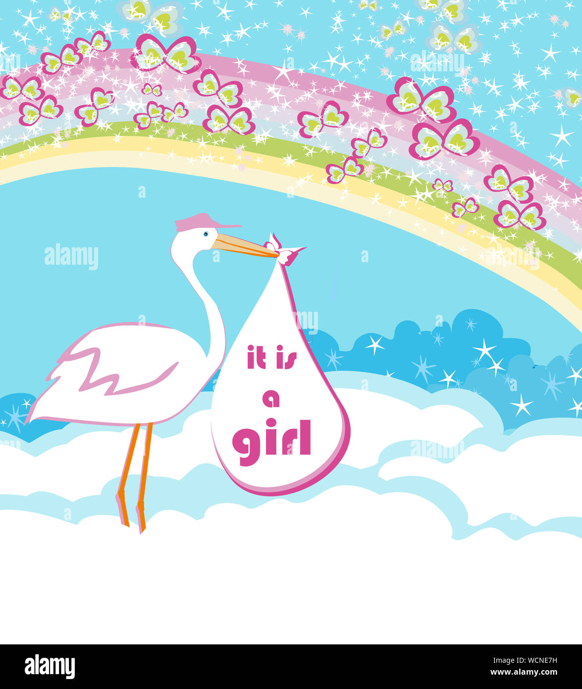 Baby girl card stork delivering hi-res stock photography and images - Alamy