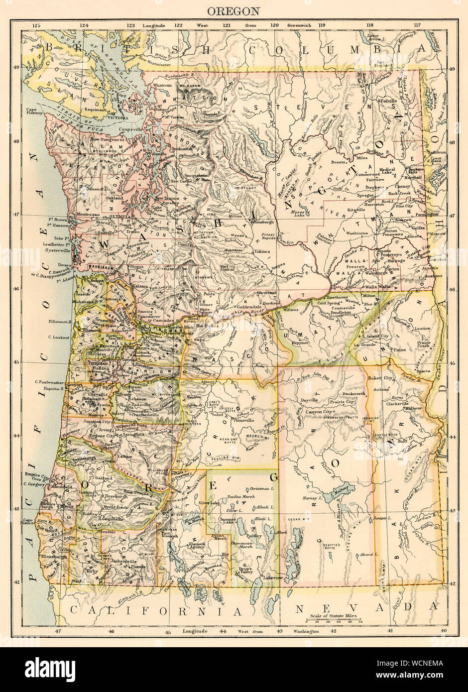 Map of Washington and Oregon, 1870s. Color lithograph Stock Photo