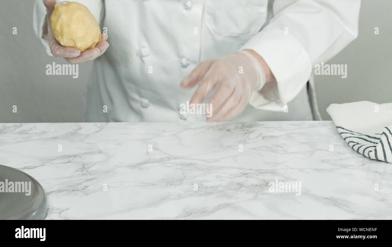 Step by step. Mixing ingredients in standing kitchen mixer to bake