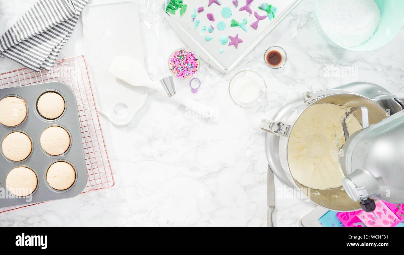 Flat lay. Step by step. Mixing ingredients in kitchen mixer to make