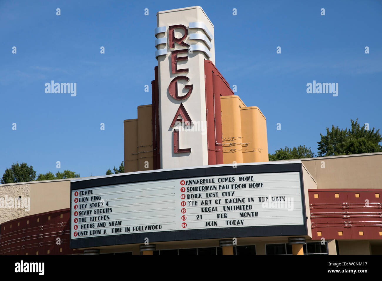 A logo sign outside of a Regal movie theater location in Niles, Ohio on August 12, 2019. Stock Photo