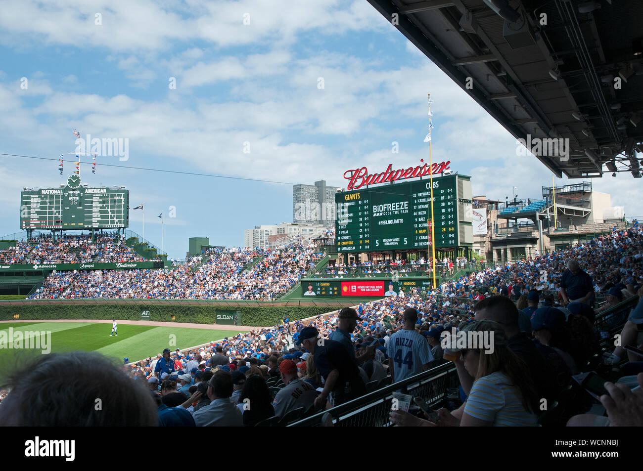 Chicago Major league baseball team the Chicago Cubs and Wrigley Field. Cubs were playing the San Francisco Giants and won the game 1-0/ Stock Photo