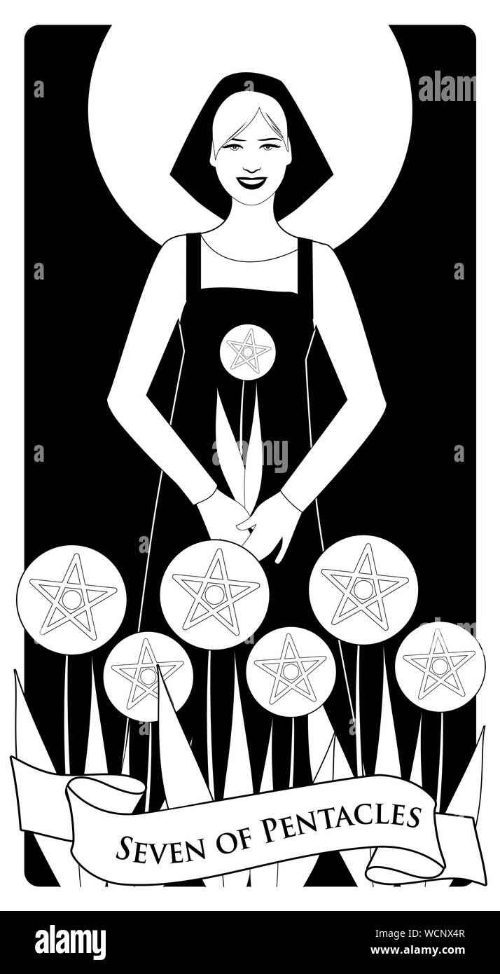 Seven Of Pentacles Tarot Cards Beautiful Worker Collecting A Harvest Of Seven Golden Pentacles Stock Vector Image Art Alamy